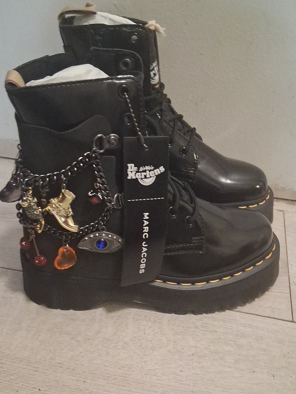 Dr. Marten Black Platform Kids Boots with Charm Details